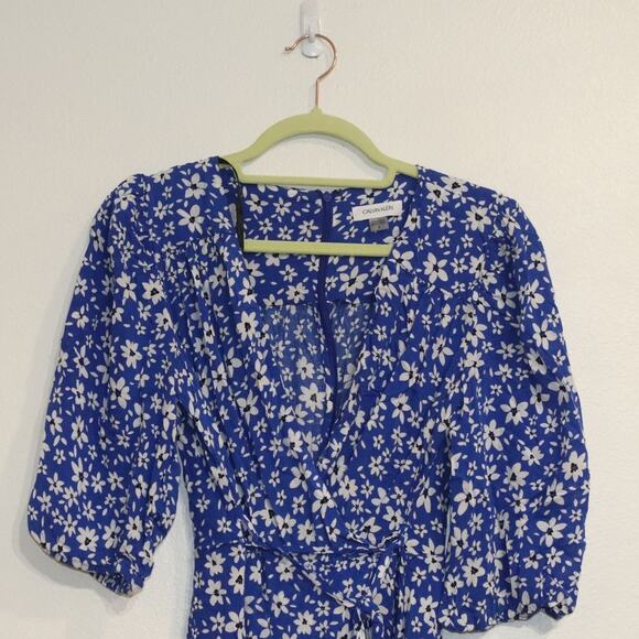 Calvin Klein Blue Floral Faux Wrap Midi Dress Sz 8 - Picture 3 of 13